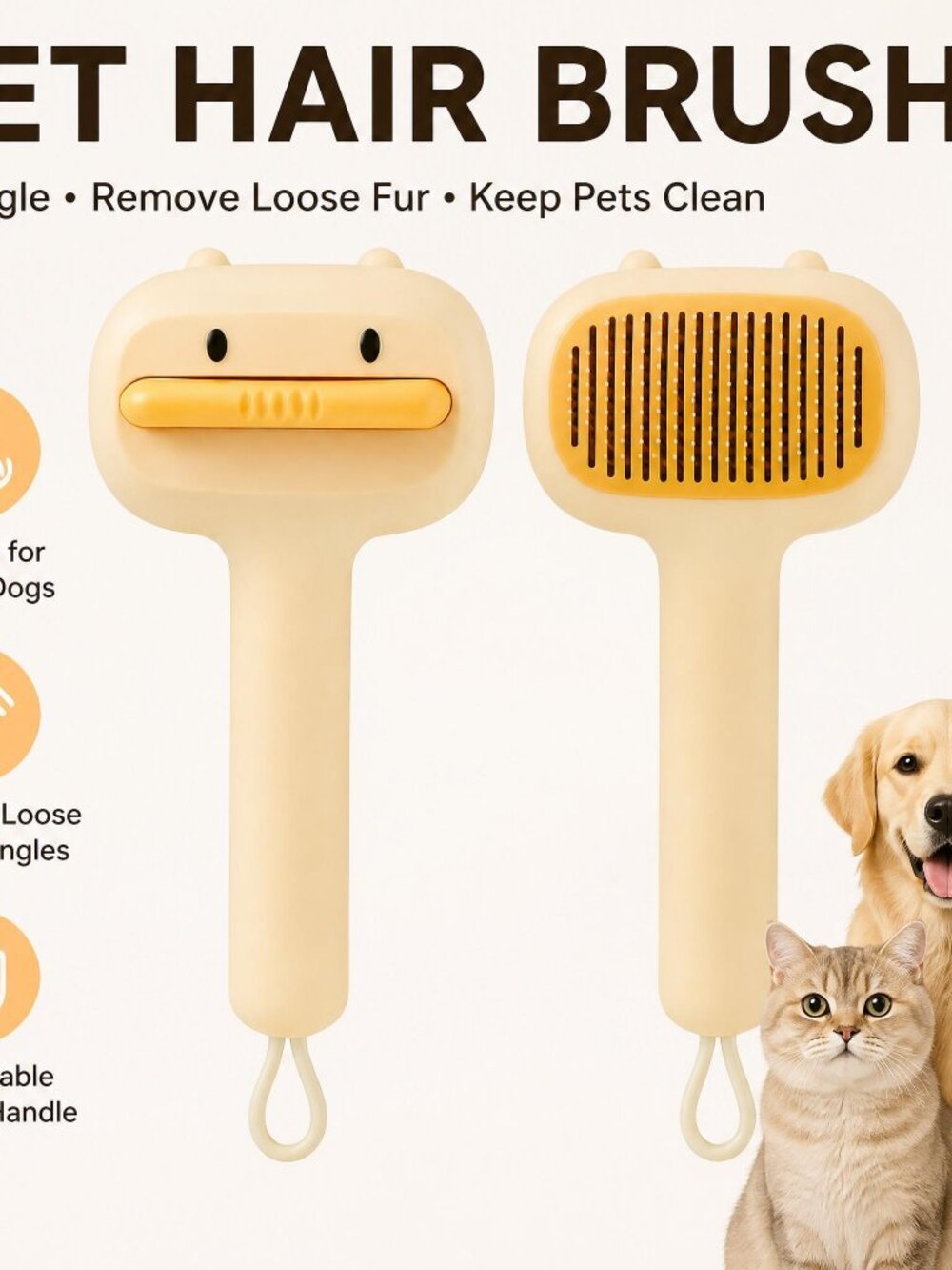 Cute Cartoon Bear Self-Cleaning Pet Hair Brush, Pet Slicker Brush for Cats and D